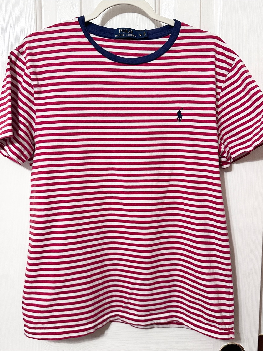 Vintage Polo by Ralph Lauren Red & White Striped Short Sleeve Tee with Navy Trim